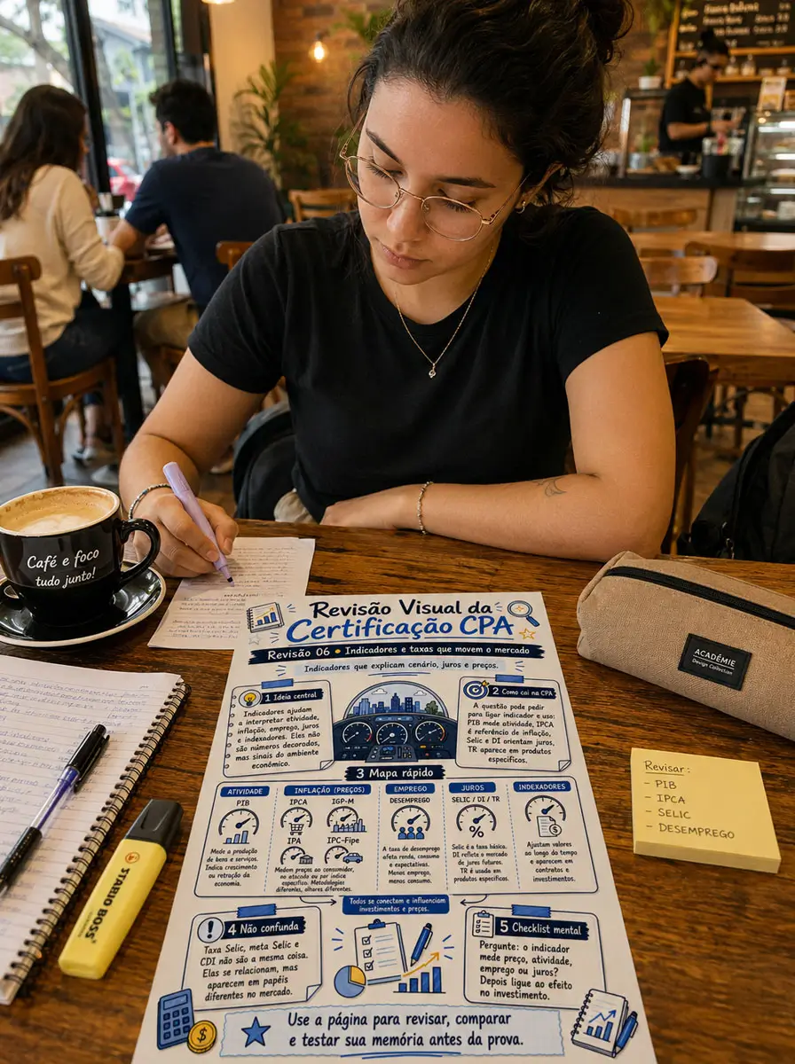Estudante revisando a Certificação CPA com material visual em cafeteria