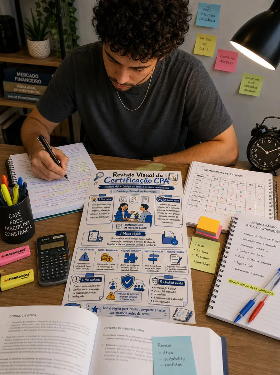 Estudante revisando código de ética com resumo visual da Certificação CPA