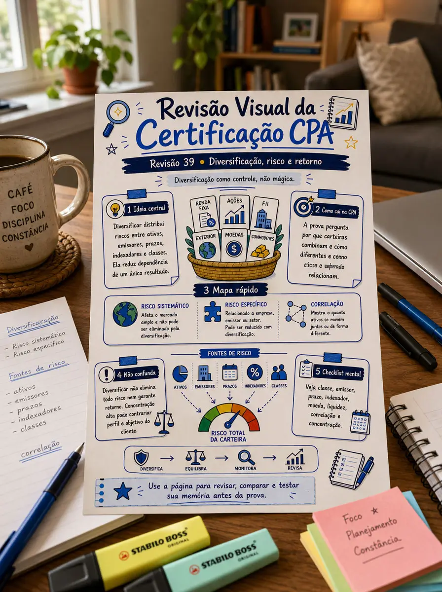 Página visual sobre diversificação, risco e retorno em ambiente de estudo